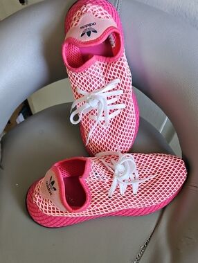 adidas Hot Pink and White Mesh Lace-Up Sneakers